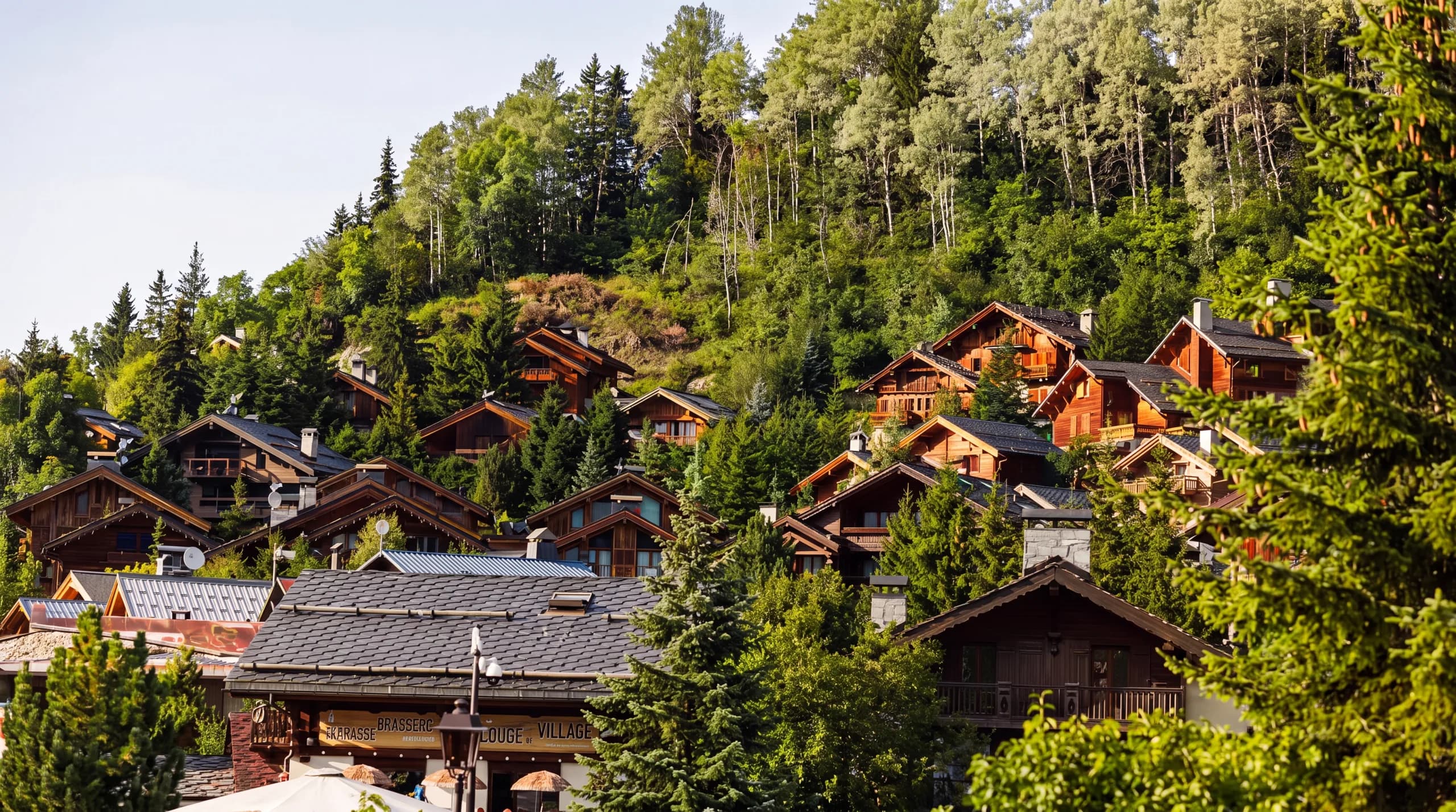 Hameau de chalets en bois et pierre de Méribel-Village sous la neige