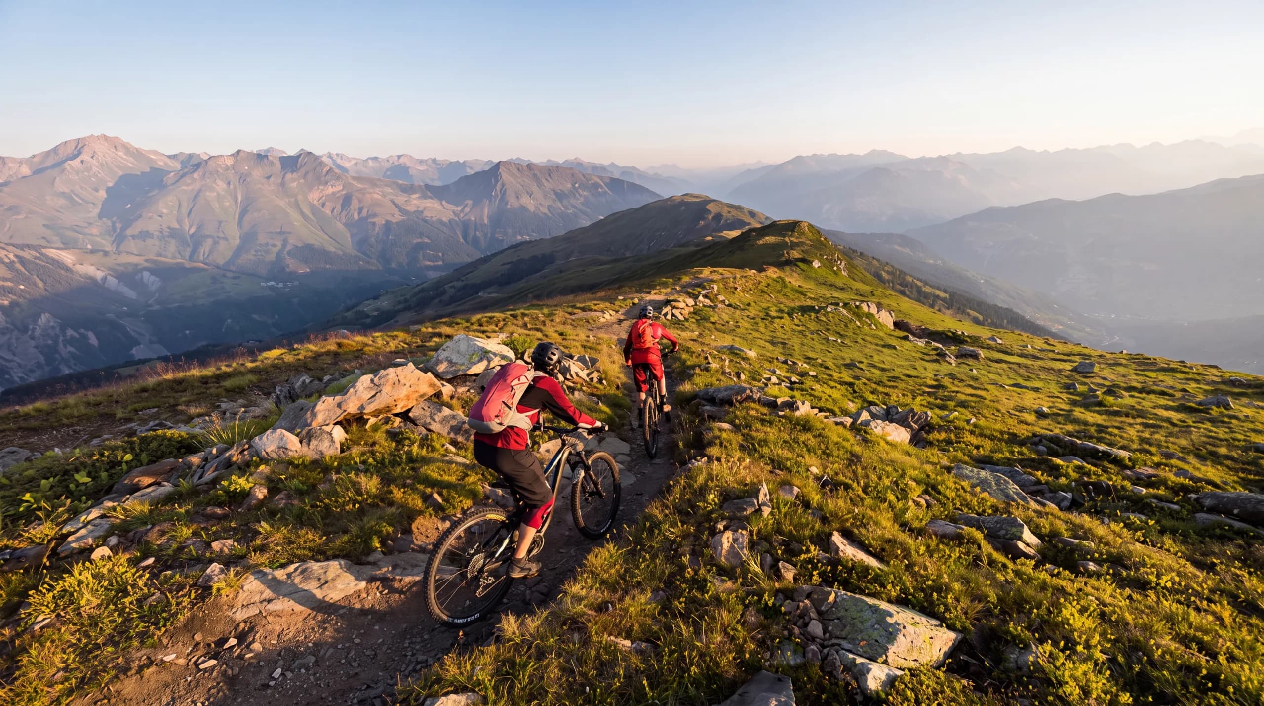 VTT descendant une piste du bike park de Méribel entre les mélèzes en automne