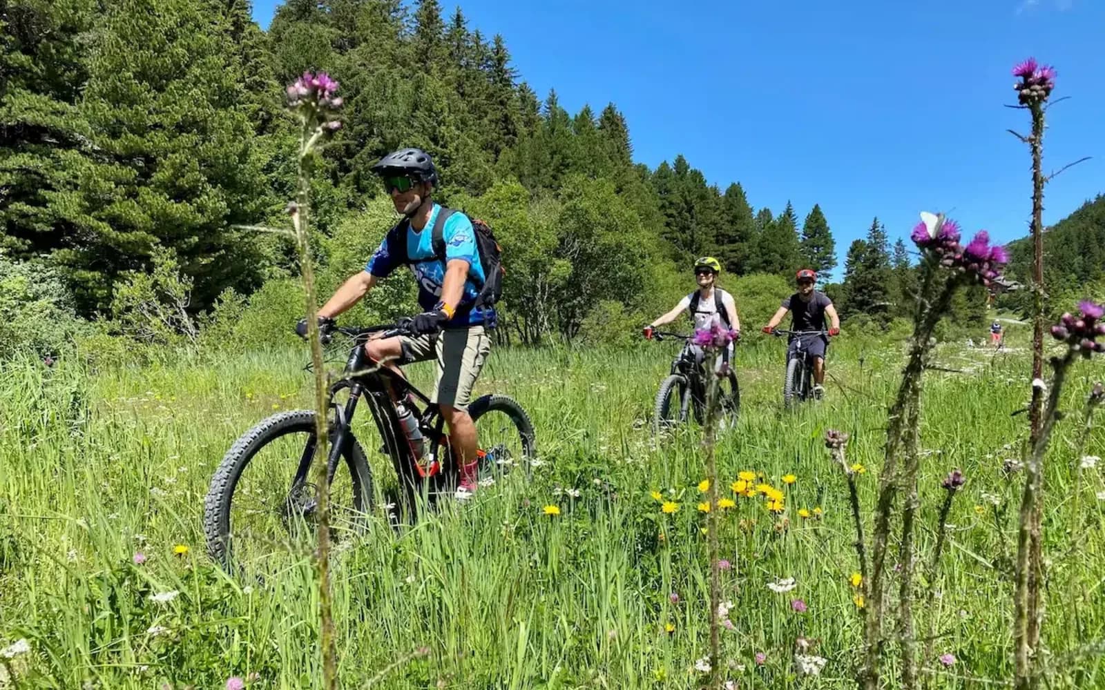Vttistes sur les sentiers estivaux autour de Méribel avec vue sur les crêtes des 3 Vallées